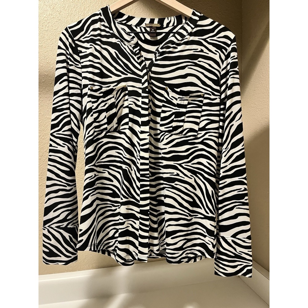 Dana Buchman Zebra Tunic Top Women M Poly Spandex Animal Print Long Sleeve